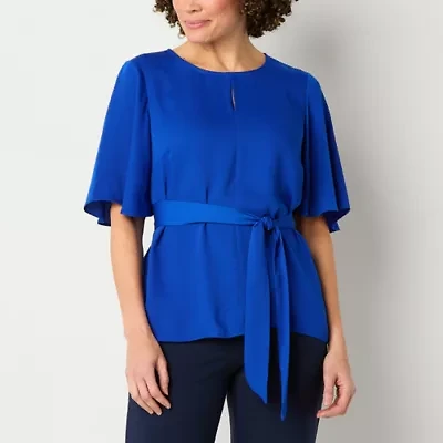 Liz Claiborne Womens Keyhole Neck Elbow Sleeve Satin Blouse