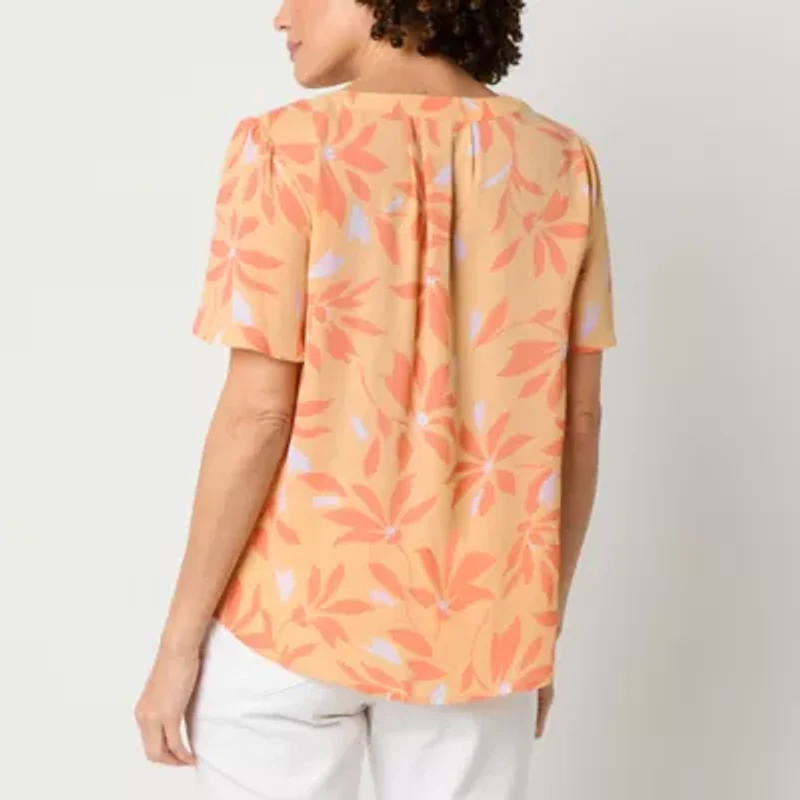 Liz Claiborne Womens Split Crew Neck Short Sleeve Blouse