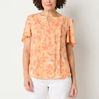 Liz Claiborne Womens Split Crew Neck Short Sleeve Blouse