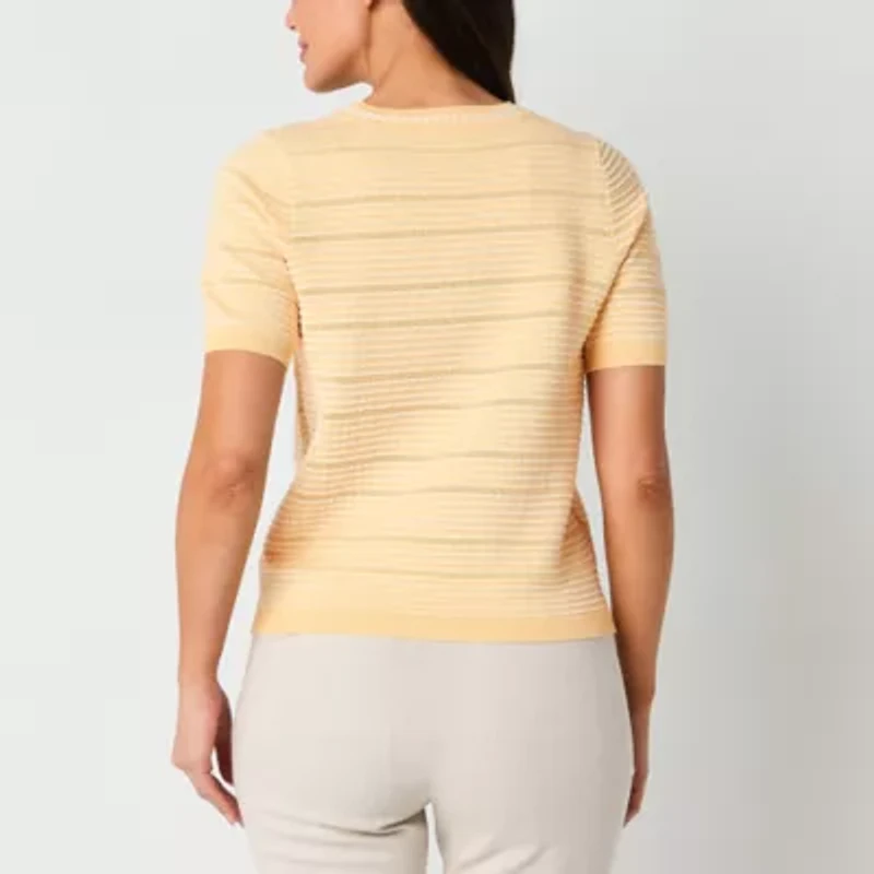 Liz Claiborne Womens Round Neck Short Sleeve Striped Pullover Sweater