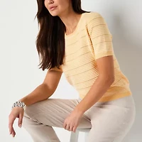 Liz Claiborne Womens Round Neck Short Sleeve Striped Pullover Sweater