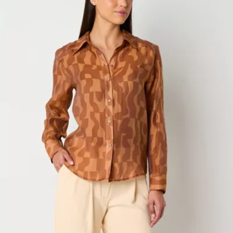 Worthington Womens Long Sleeve Cuffed Oversized Button-Down Shirt