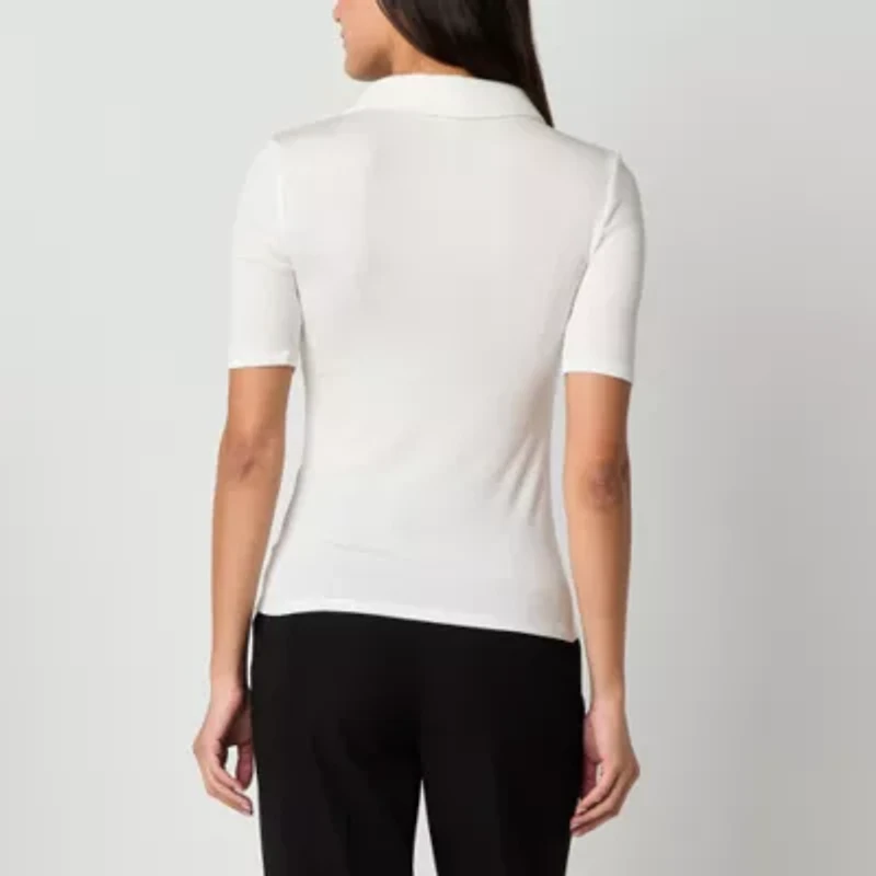 Worthington Womens Y Neck Short Sleeve Polo Shirt