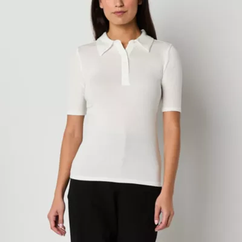 Worthington Womens Y Neck Short Sleeve Polo Shirt