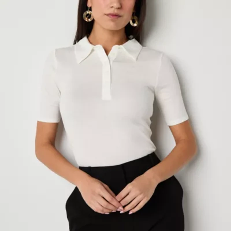 Worthington Womens Y Neck Short Sleeve Polo Shirt