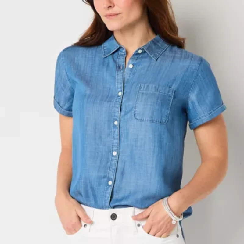 St. John's Bay Womens Short Sleeve Regular Fit Button-Down Shirt