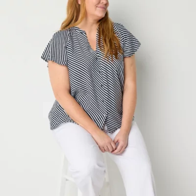 Liz Claiborne Womens Split Crew Neck Short Sleeve Flutter Sleeve Regular Fit Plus Button-Down Shirt