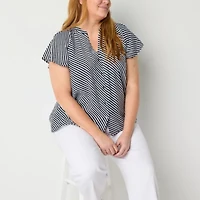 Liz Claiborne Womens Split Crew Neck Short Sleeve Flutter Sleeve Regular Fit Plus Button-Down Shirt