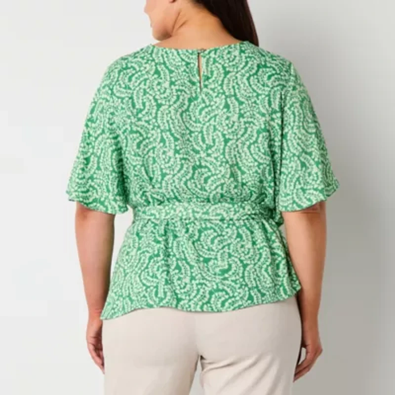Liz Claiborne Womens Plus Round Neck Elbow Sleeve Satin Blouse