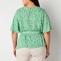 Liz Claiborne Womens Plus Round Neck Elbow Sleeve Satin Blouse