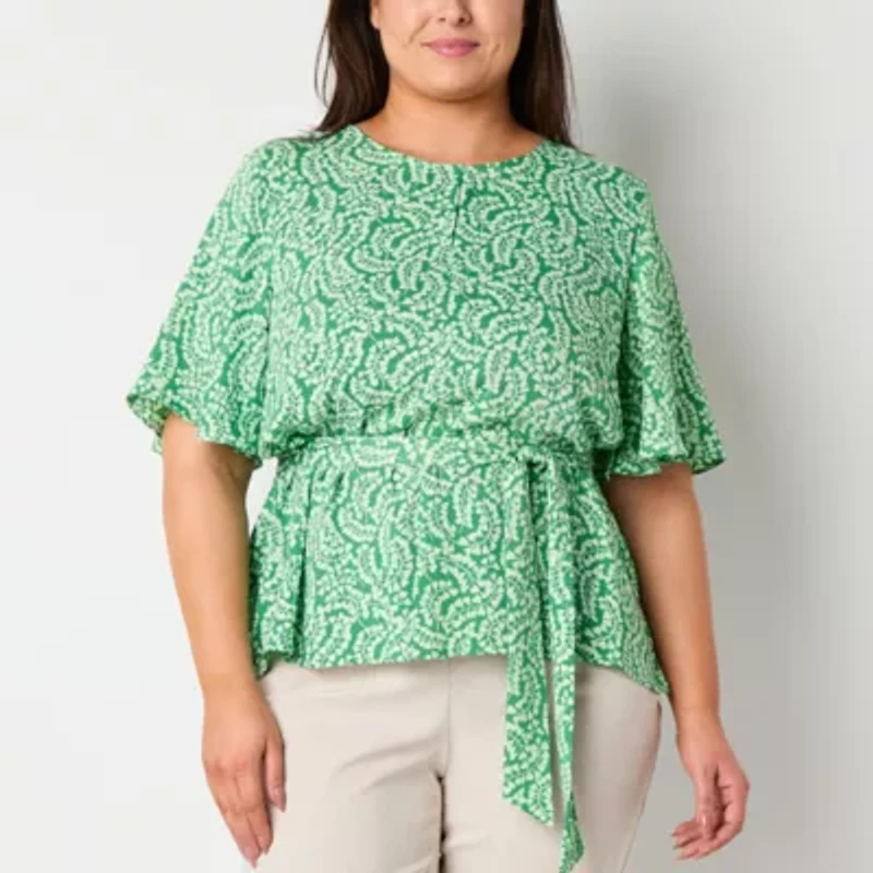 Liz Claiborne Womens Plus Round Neck Elbow Sleeve Satin Blouse