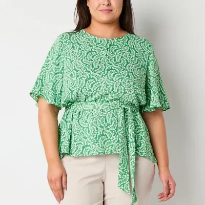 Liz Claiborne Womens Plus Round Neck Elbow Sleeve Satin Blouse