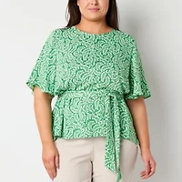 Liz Claiborne Womens Plus Round Neck Elbow Sleeve Satin Blouse