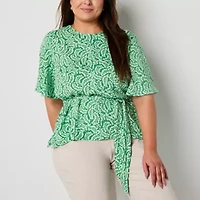 Liz Claiborne Womens Plus Round Neck Elbow Sleeve Satin Blouse