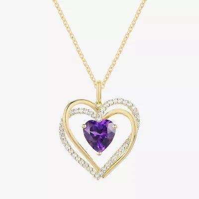 Womens Genuine Purple Amethyst 14K Gold Over Silver Heart 18 Inch Pendant Necklace