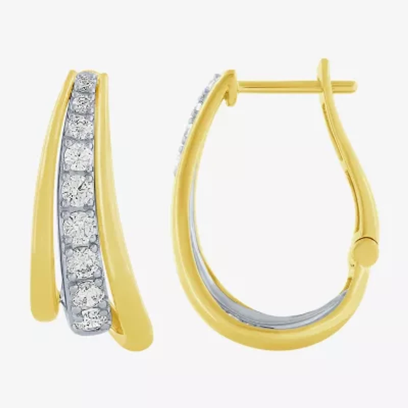 (H-I / I1) Womens 1 CT. T.W. Lab Grown White Diamond 10K Two Tone Gold 22.7mm Curved Hoop Earrings