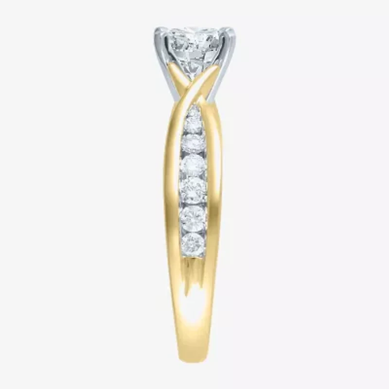 (G / Si2) Womens 1 1/3 CT. T.W. Lab Grown White Diamond 10K Gold Round Side Stone Engagement Ring