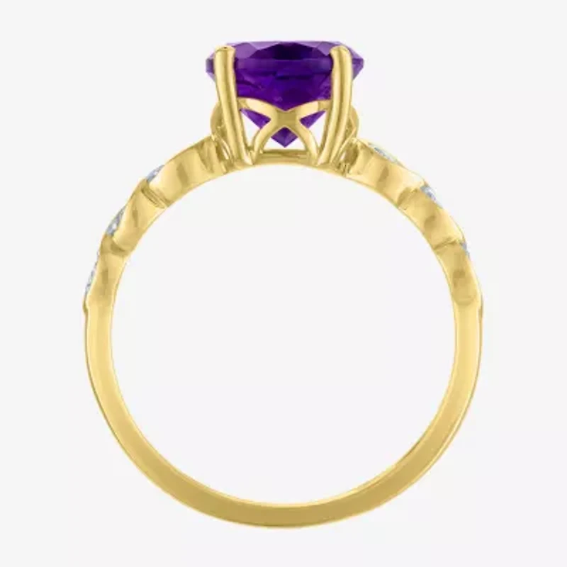 Womens Diamond Accent Genuine Purple Amethyst 10K Gold Oval Side Stone Cocktail Ring