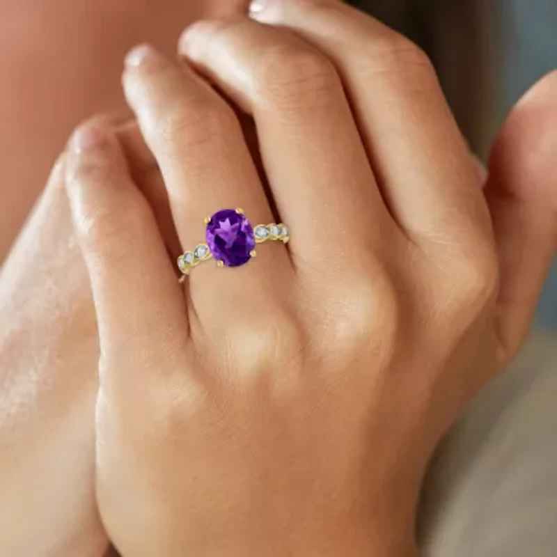 Womens Diamond Accent Genuine Purple Amethyst 10K Gold Oval Side Stone Cocktail Ring