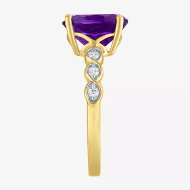 Womens Diamond Accent Genuine Purple Amethyst 10K Gold Oval Side Stone Cocktail Ring