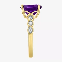 Womens Diamond Accent Genuine Purple Amethyst 10K Gold Oval Side Stone Cocktail Ring