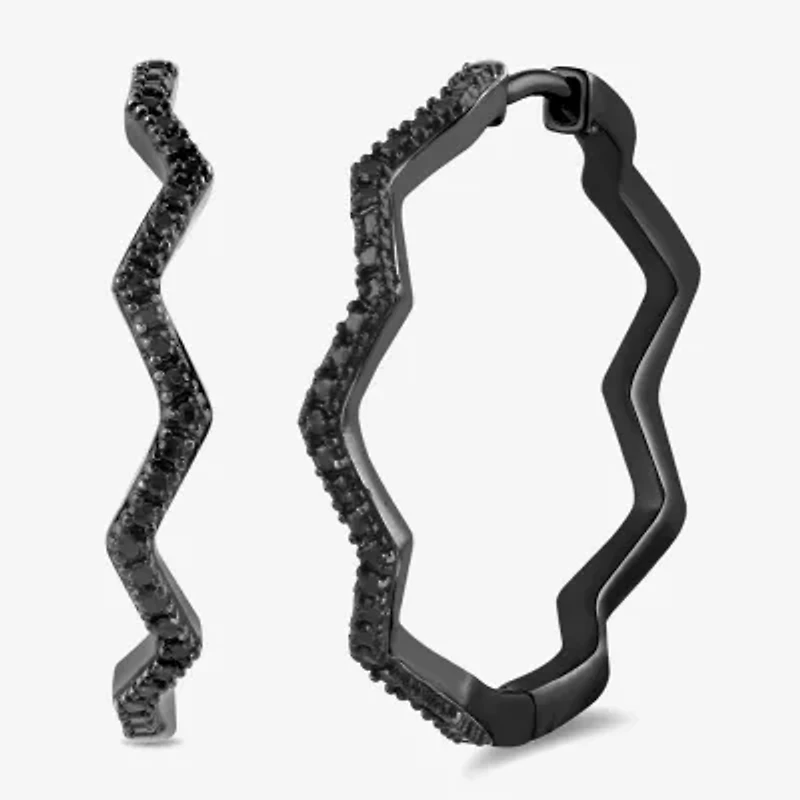 Midnight Black Zig-Zag Womens 1/10 CT. T.W. Natural Black Diamond Sterling Silver 27.4mm Hoop Earrings