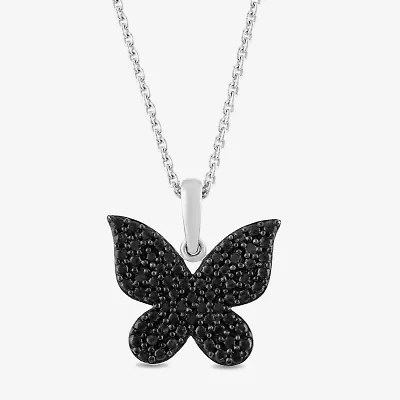 Midnight Black Womens 1/10 CT. T.W. Natural Black Diamond Sterling Silver Butterfly 18 Inch Pendant Necklace