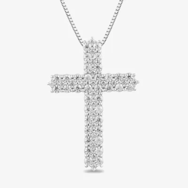Womens 1 CT. T.W. Lab Grown White Diamond Sterling Silver Cross 18 Inch Pendant Necklace