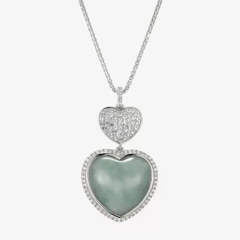 Womens Genuine Green Jade Sterling Silver Heart 18 Inch Pendant Necklace