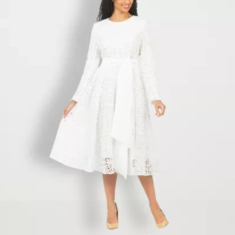 Giovanna Signature Womens Plus Midi Round Neck Long Sleeve Fitted Eyelet Fit + Flare Dress