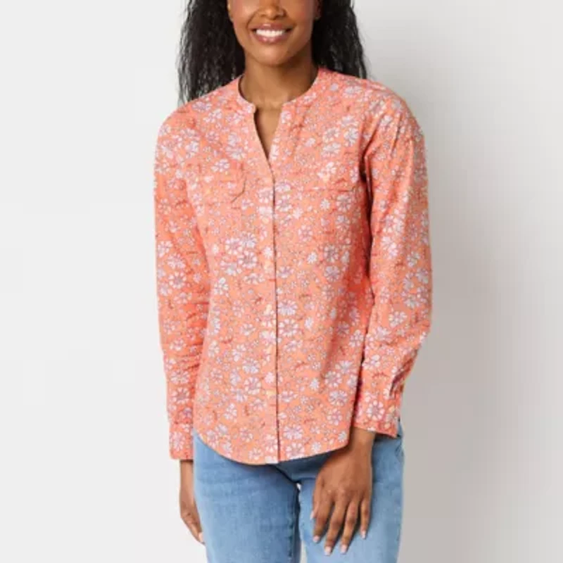St. John's Bay Womens Long Sleeve Cuffed Sleeve Oversized Tall Button-Down Shirt