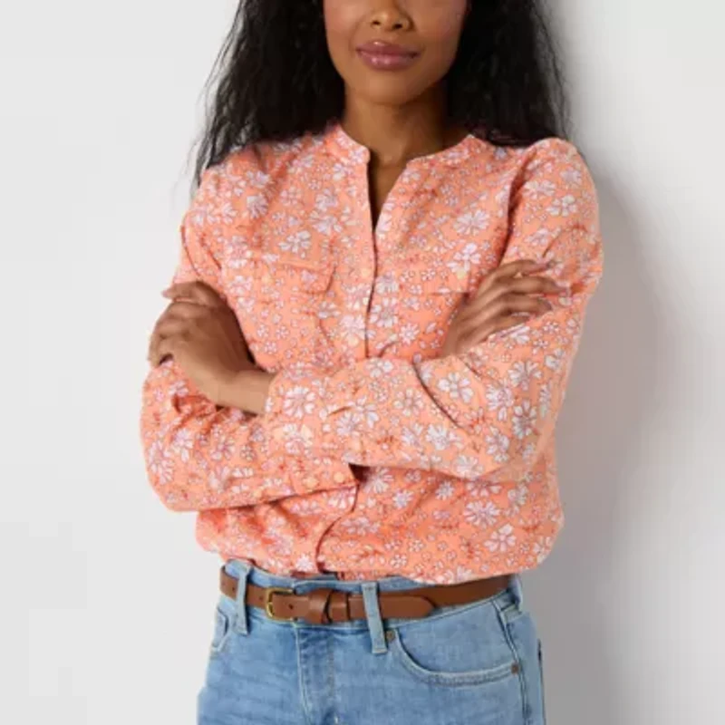 St. John's Bay Womens Long Sleeve Cuffed Sleeve Oversized Tall Button-Down Shirt