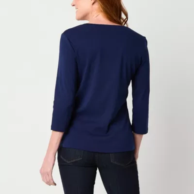 St. John's Bay Womens V Neck 3/4 Sleeve Tall T-Shirt