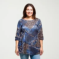 24seven Comfort Apparel Plus Womens Round Neck 3/4 Sleeve Tunic Top