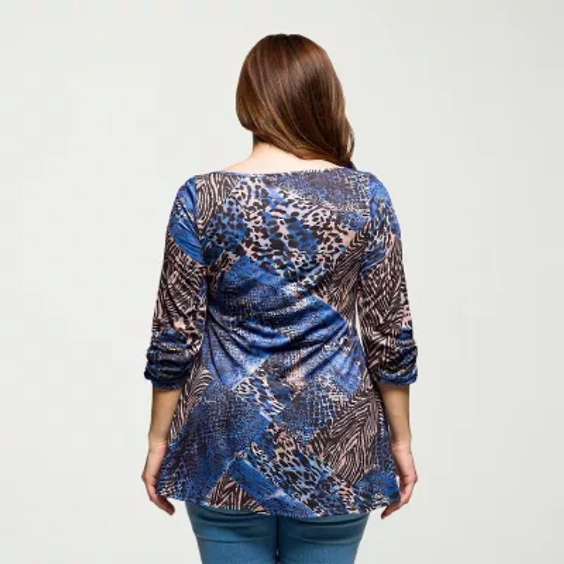 24seven Comfort Apparel Plus Womens Round Neck 3/4 Sleeve Tunic Top