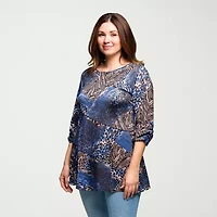 24seven Comfort Apparel Plus Womens Round Neck 3/4 Sleeve Tunic Top