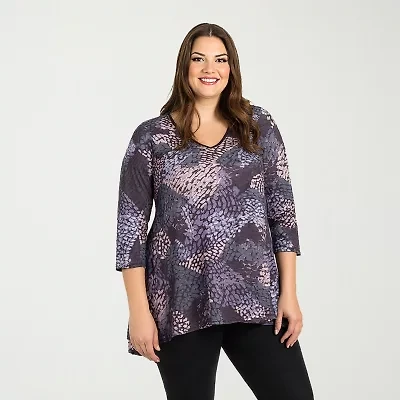 24seven Comfort Apparel Plus Womens V Neck 3/4 Sleeve Tunic Top