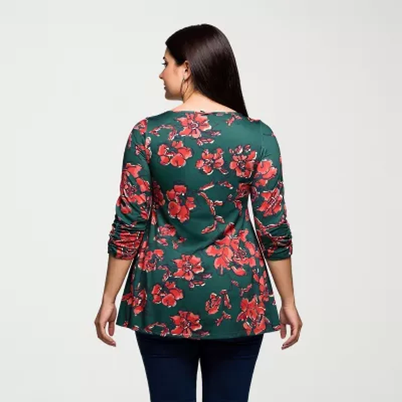 24seven Comfort Apparel Plus Womens Round Neck 3/4 Sleeve Tunic Top