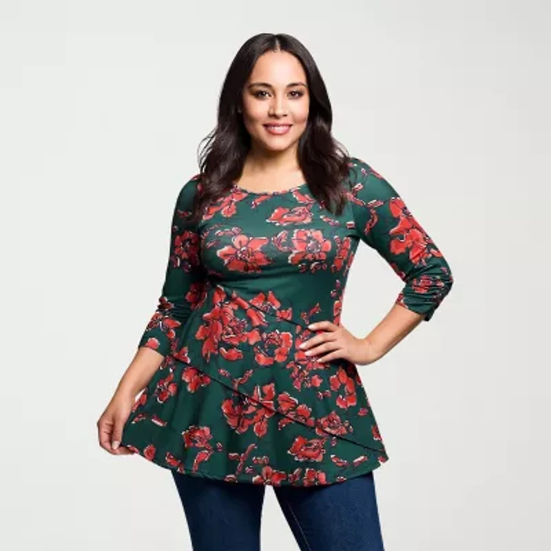 24seven Comfort Apparel Plus Womens Round Neck 3/4 Sleeve Tunic Top