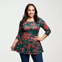 24seven Comfort Apparel Plus Womens Round Neck 3/4 Sleeve Tunic Top