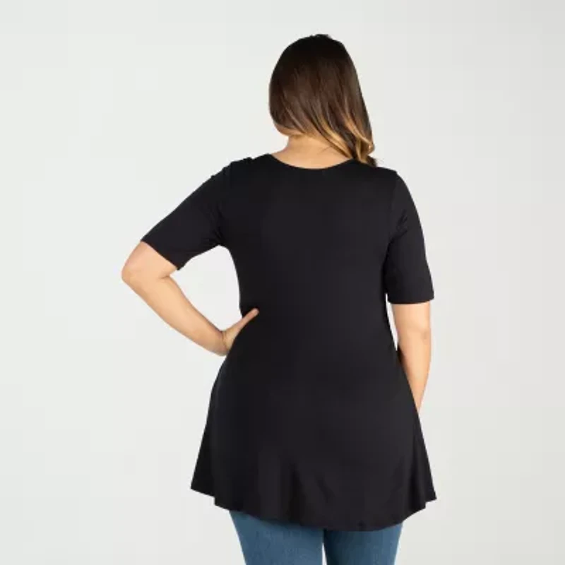 24seven Comfort Apparel Plus Womens V Neck Elbow Sleeve Tunic Top