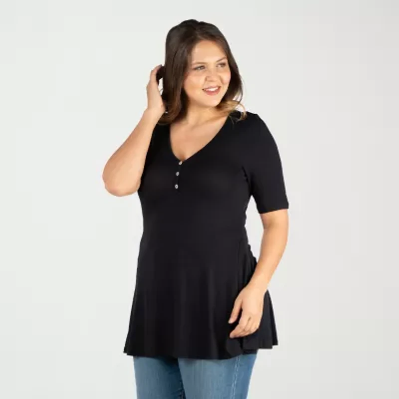 24seven Comfort Apparel Plus Womens V Neck Elbow Sleeve Tunic Top