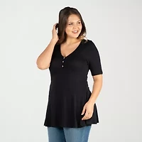 24seven Comfort Apparel Plus Womens V Neck Elbow Sleeve Tunic Top