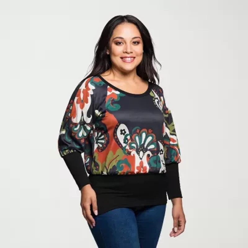 24seven Comfort Apparel Womens Plus Round Neck Long Sleeve Blouse