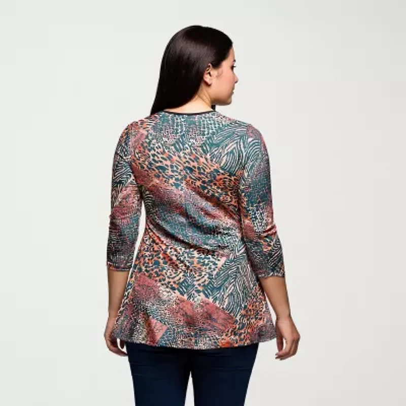 24seven Comfort Apparel Plus Womens V Neck 3/4 Sleeve Tunic Top