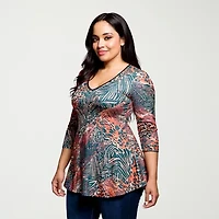 24seven Comfort Apparel Plus Womens V Neck 3/4 Sleeve Tunic Top