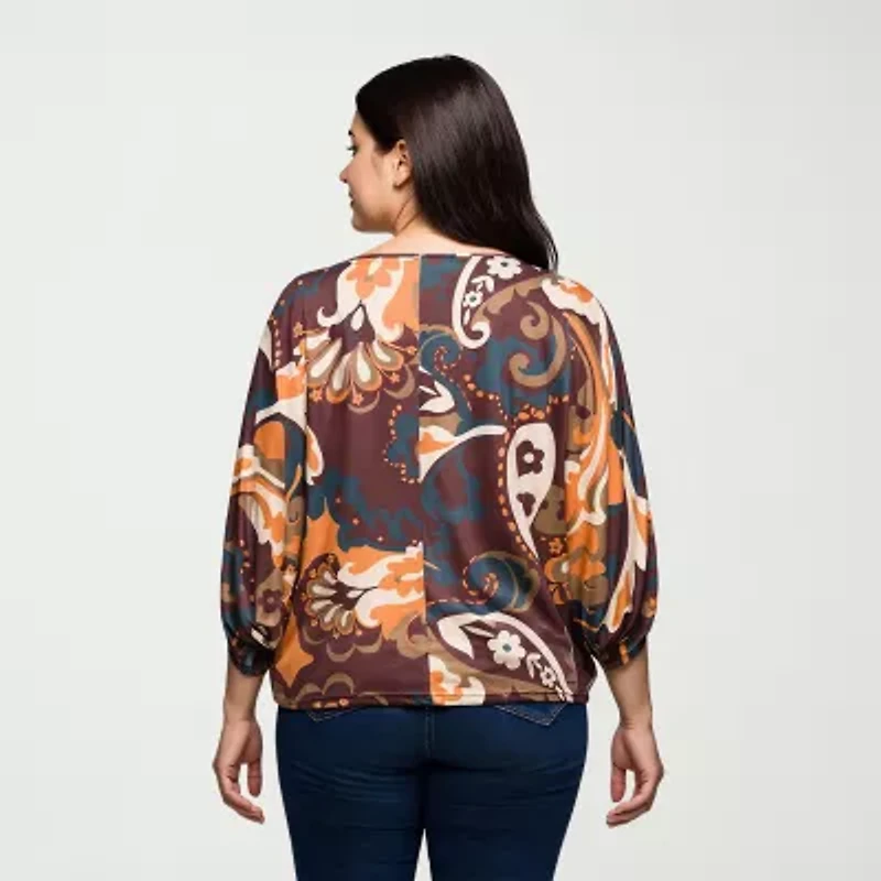 24seven Comfort Apparel Womens Plus Boat Neck 3/4 Sleeve Blouse