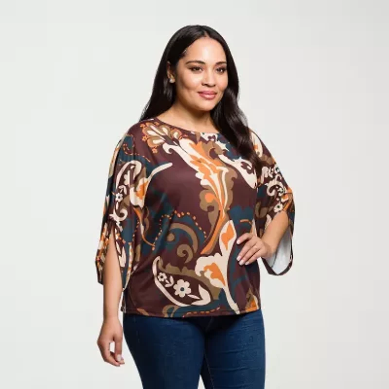 24seven Comfort Apparel Womens Plus Boat Neck 3/4 Sleeve Blouse