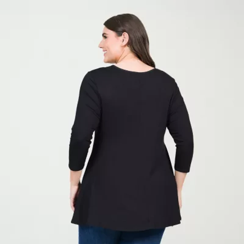 24seven Comfort Apparel Plus Womens V Neck 3/4 Sleeve Tunic Top