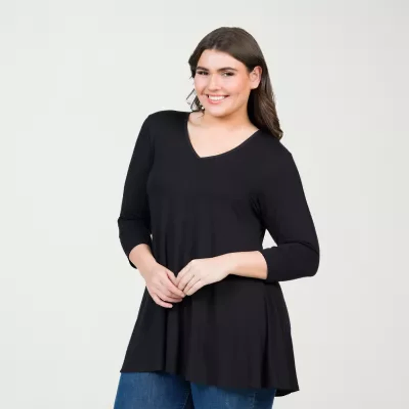 24seven Comfort Apparel Plus Womens V Neck 3/4 Sleeve Tunic Top